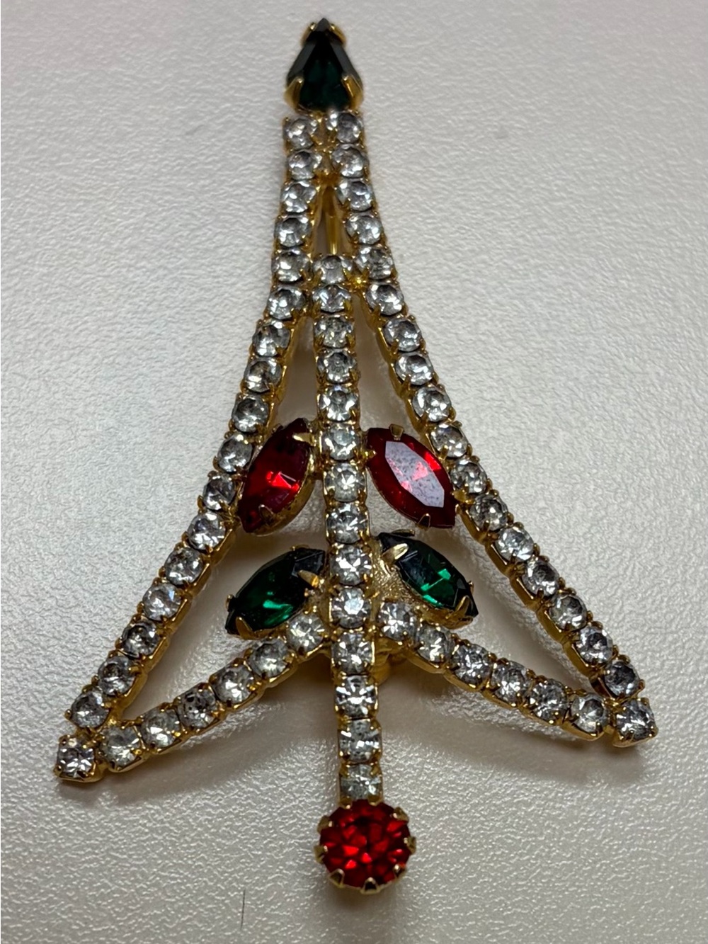 Vintage 1960s Clear Rhinestone Christmas Tree Brooch Pin